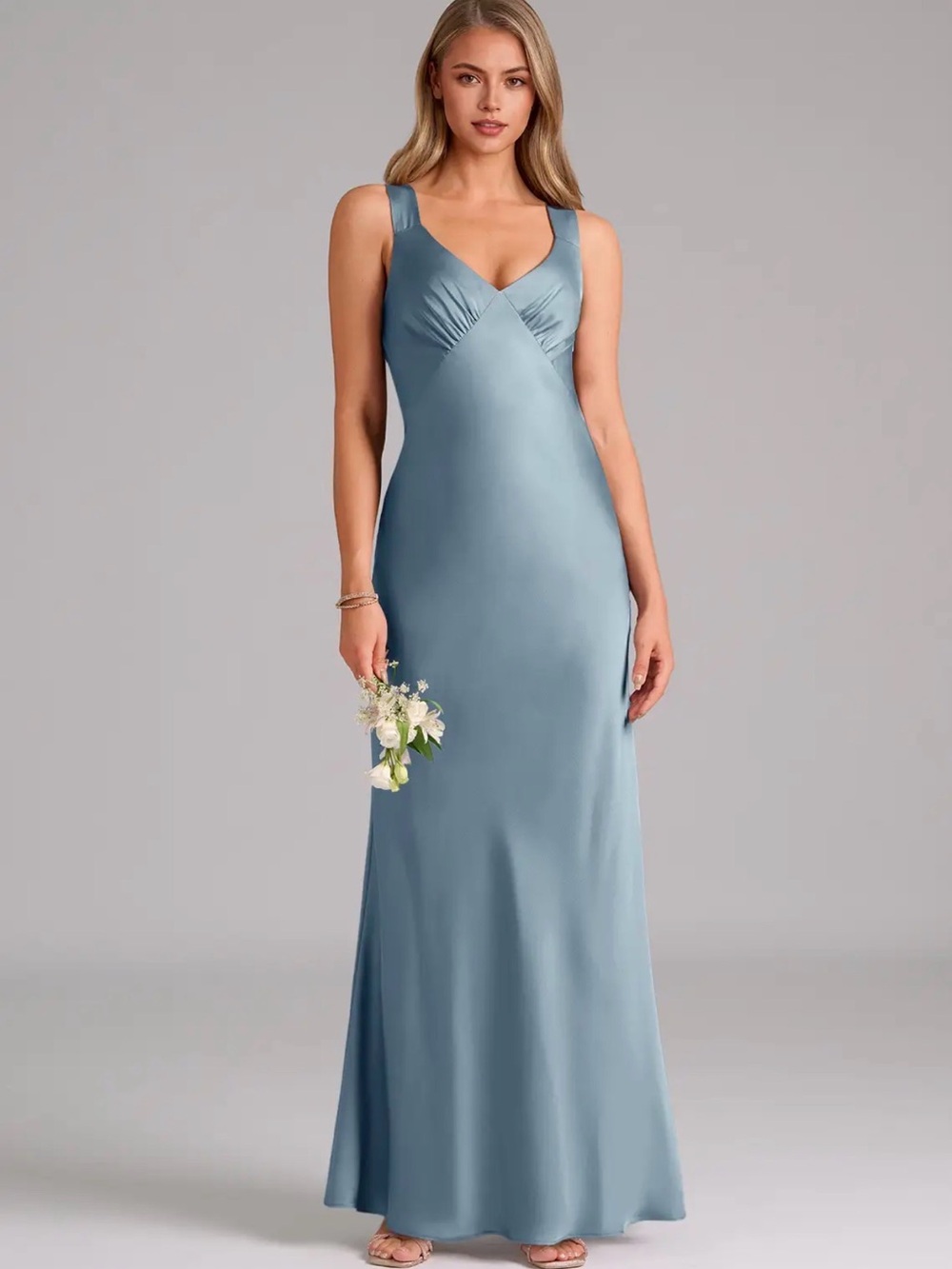 Azazie Kamila Stretch Satin V-Neck Maxi Dress in Dusty Blue